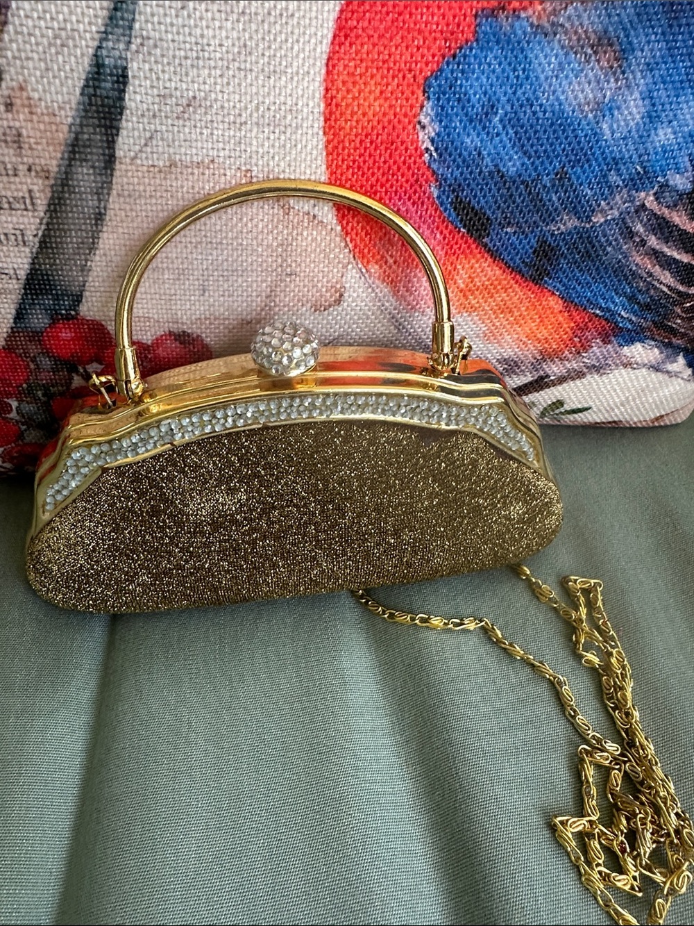 Gold Glitter Evening Clutch with Rhinestone Accent